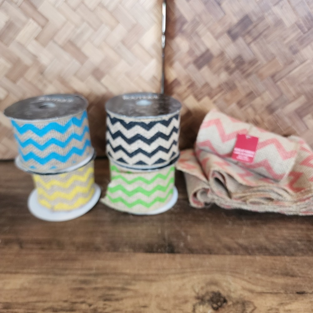 Lot of 6 Assorted Jute Ribbon Burlap Ribbon Chevron Red Green Yellow Blue Black